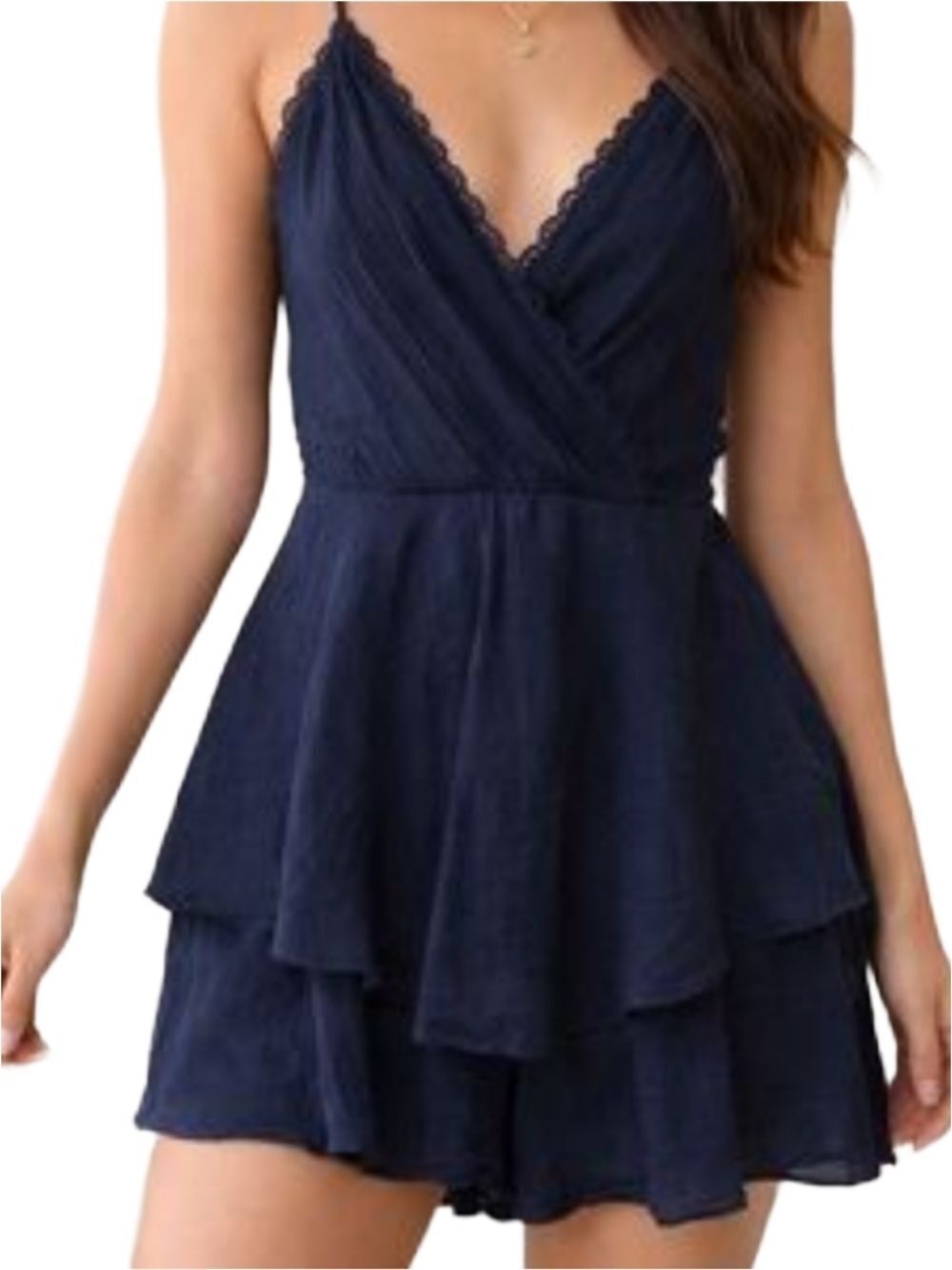 Francesca's Blue Rain Womens Navy Blue Lace Trim Tiered Mini Romper NWT Medium